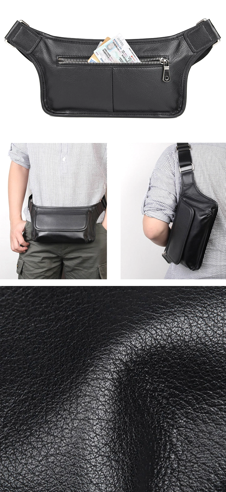 Amazon Hot Selling Black 100% Pure Leather Waist Bag Genuine Leather Fanny Pack for Men