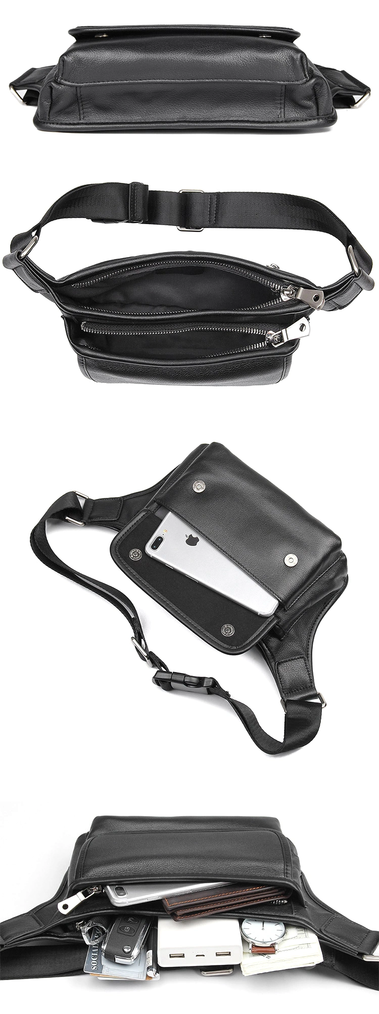 Amazon Hot Selling Black 100% Pure Leather Waist Bag Genuine Leather Fanny Pack for Men