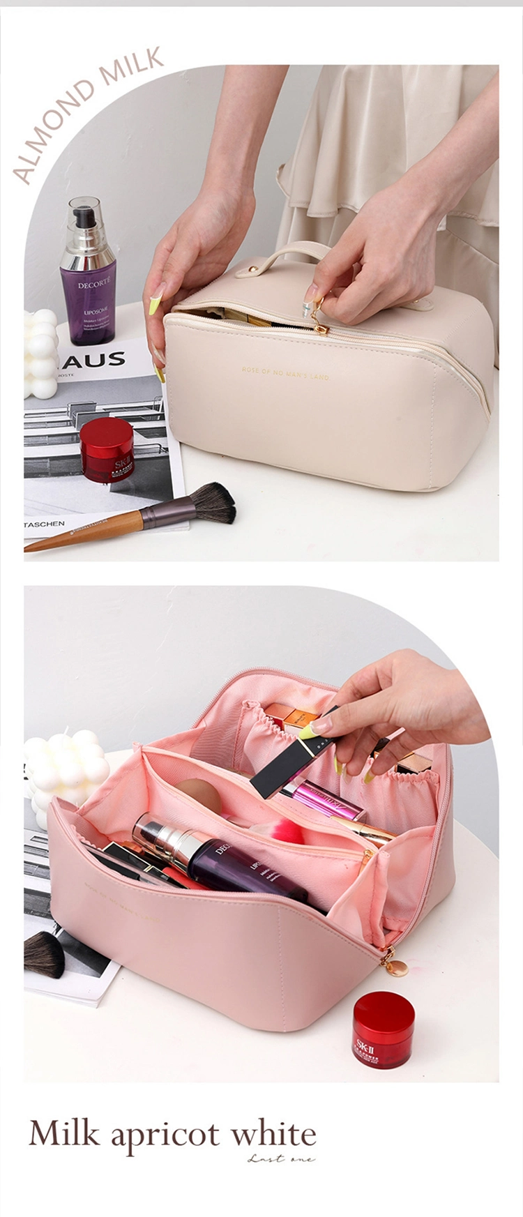 Custom Women Makeup Bag Pouch PU Leather Cosmetic Bag Large Capacity Partition Storage Waterproof Travel Toilet Bag100 - 499 Bags