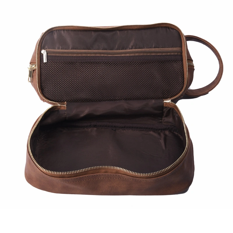 Travelling Toiletry Bag for Men Custom Logo PU Leather Brown Cosmetic Bag with Handle Toiletry Pouch