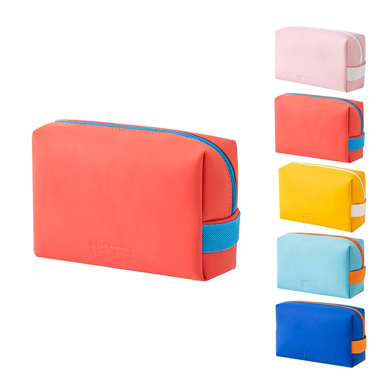 Solid Color Waterproof Square Travel Cosmetic Toilet Bag Small PU Vegan Leather Cosmetic Pouch with Handle
