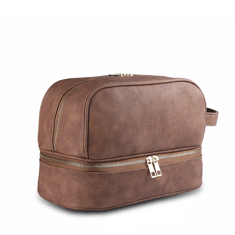 Travelling Toiletry Bag for Men Custom Logo PU Leather Brown Cosmetic Bag with Handle Toiletry Pouch