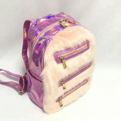 Shiny Pinkish Purple PU Leather Holographic Backpack for Girls Fashion Artificial Fur Rainbow Laser School Bags