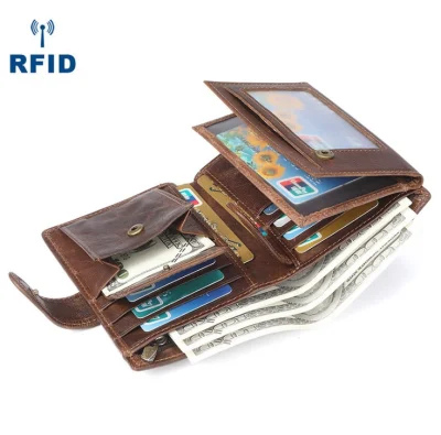 2021 New Fashion Crazy Horse Leather Purse in Stock RFID 3 Fold Genuine Cow Leather Wallet for Men with Coin Pocket